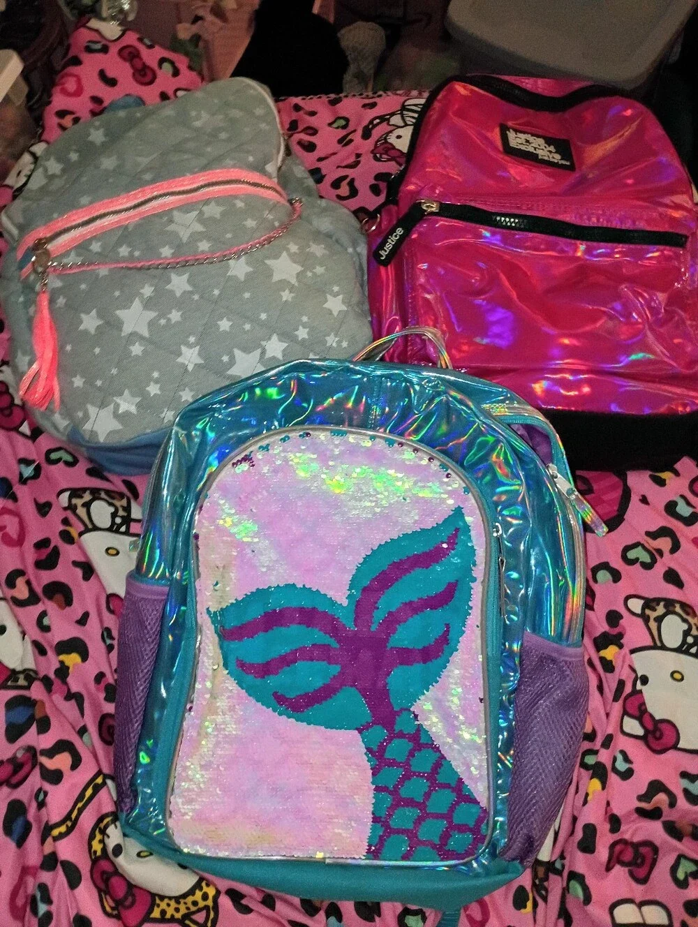 3 Justice Pink Holographic, Mermaid Sequin, & Denim Stars 3 Book Bag Bunder